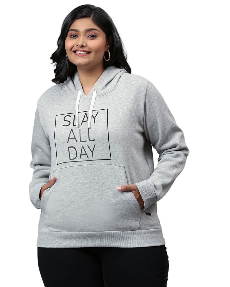 Front of a model wearing a size 4XL Grey "Slay All Day" Sweatshirt with Hoodie in Light Grey by Instafab Plus. | dia_product_style_image_id:298329
